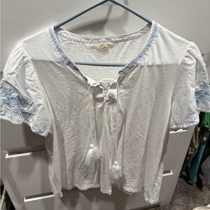 Lucky Brand White Blouse with Blue Embroidery